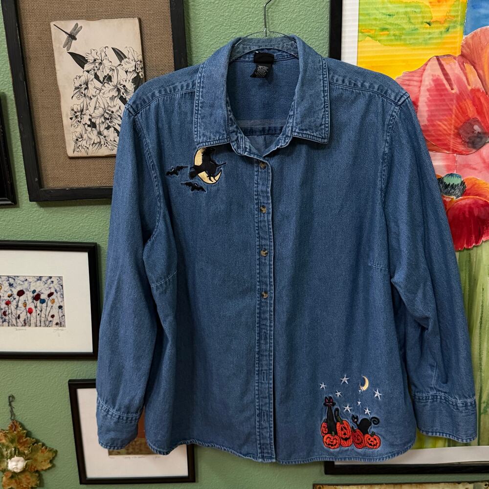 Holiday Editions Shirt Womens 2X Blue Denim Cotton Halloween Witch Cat Pumpkin